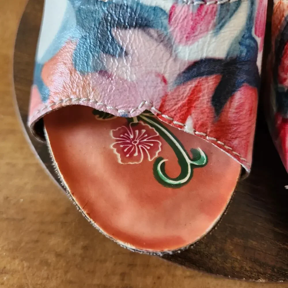 L'Artiste Spring Step Mauri Floral Sandals 37 Warm Orange Leather Hand Painted - Picture 5 of 16